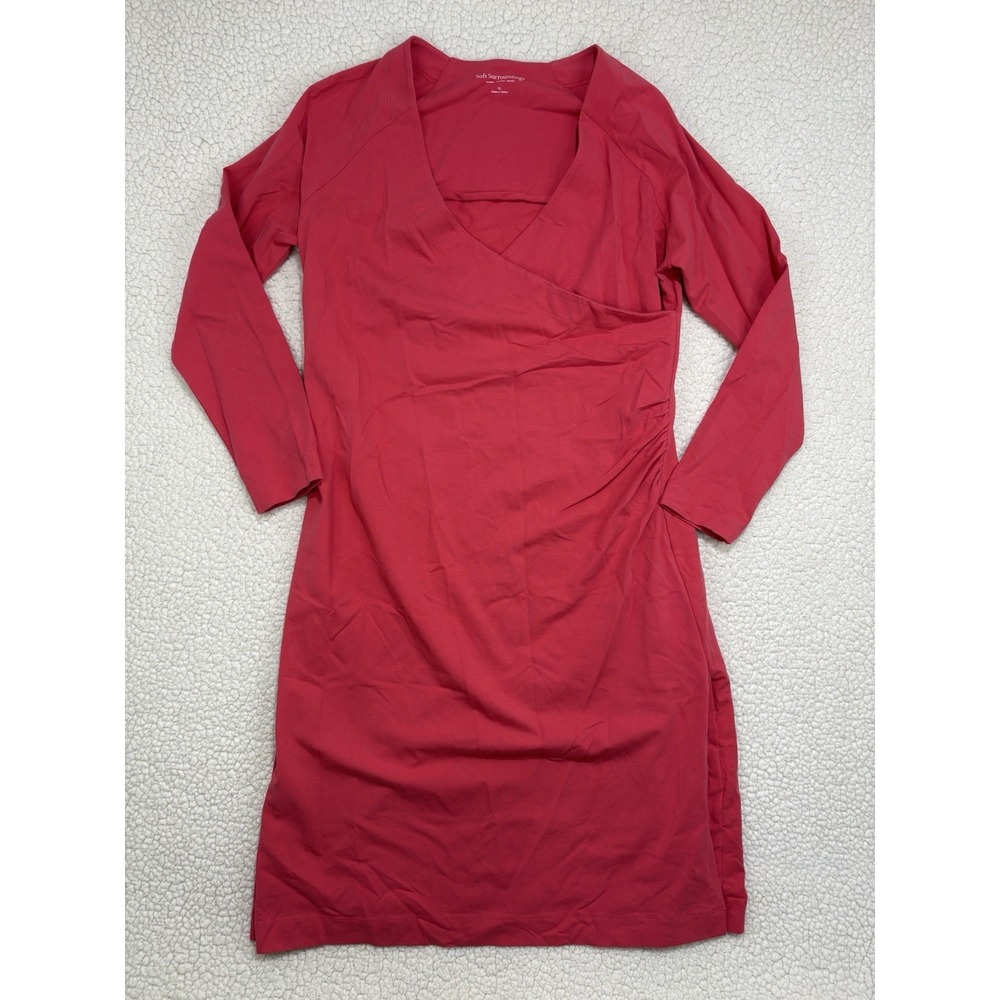 Soft Surroundings Wear Anywhere Dress Size XL Pink Stretch Faux Wrap Ruched
